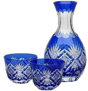 Japanese Edo-Kiriko (Cut Glass) Sake Set, Hishi-nanako Pattern