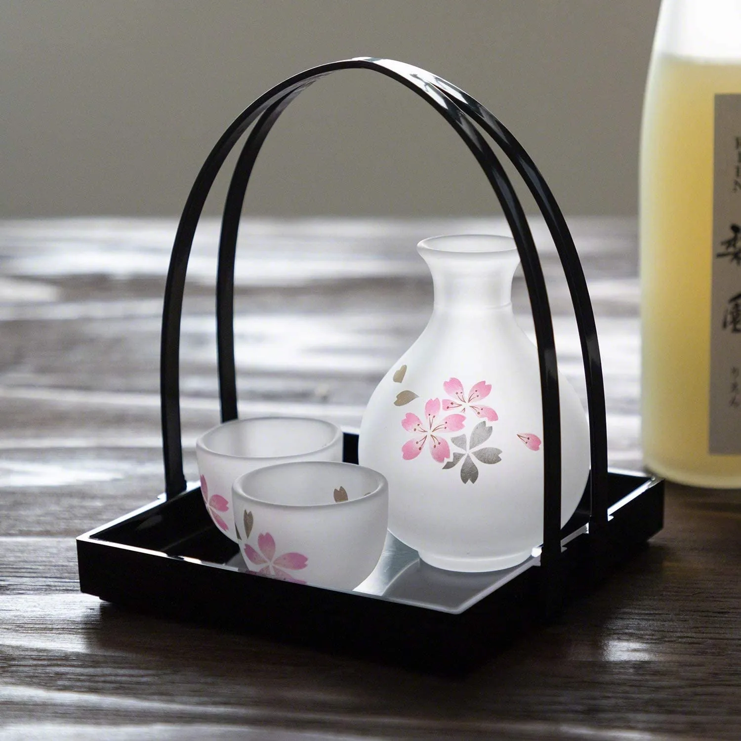 Wazakura Handmade Japanese Sake Serving Glass Set with Tray, Cherry Blossom Sakura Design